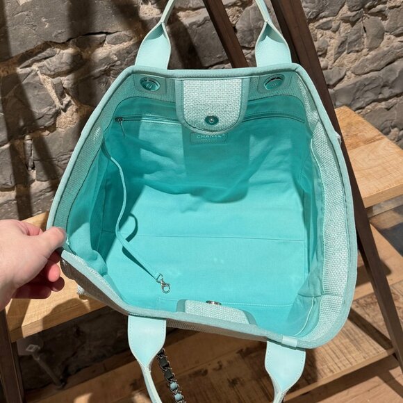 Chanel Turquoise Woven Straw Large Deauville Shopping Tote Bag - Picture 13 of 16